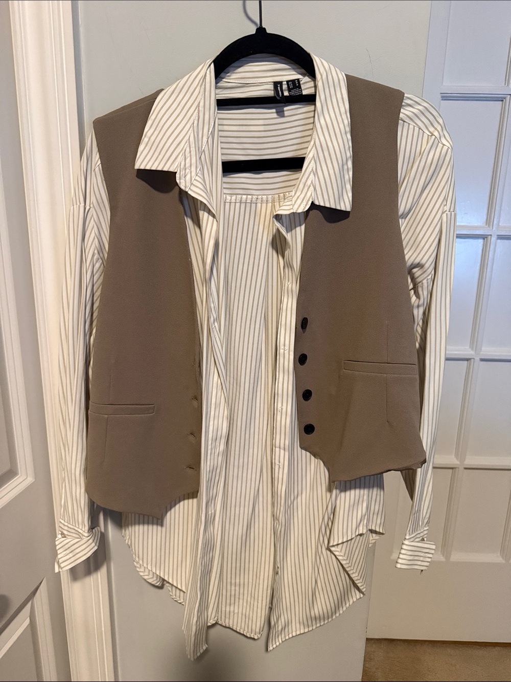 Women’s Taupe Vest over Ivory Pinstripe Shirt - Classic Layered Look